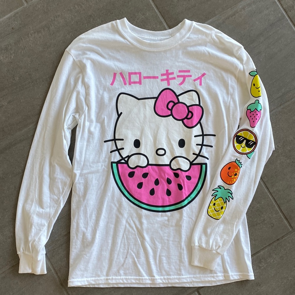 Hello Kitty White Long Sleeve Tee with Pink and Green Watermelon Graphic